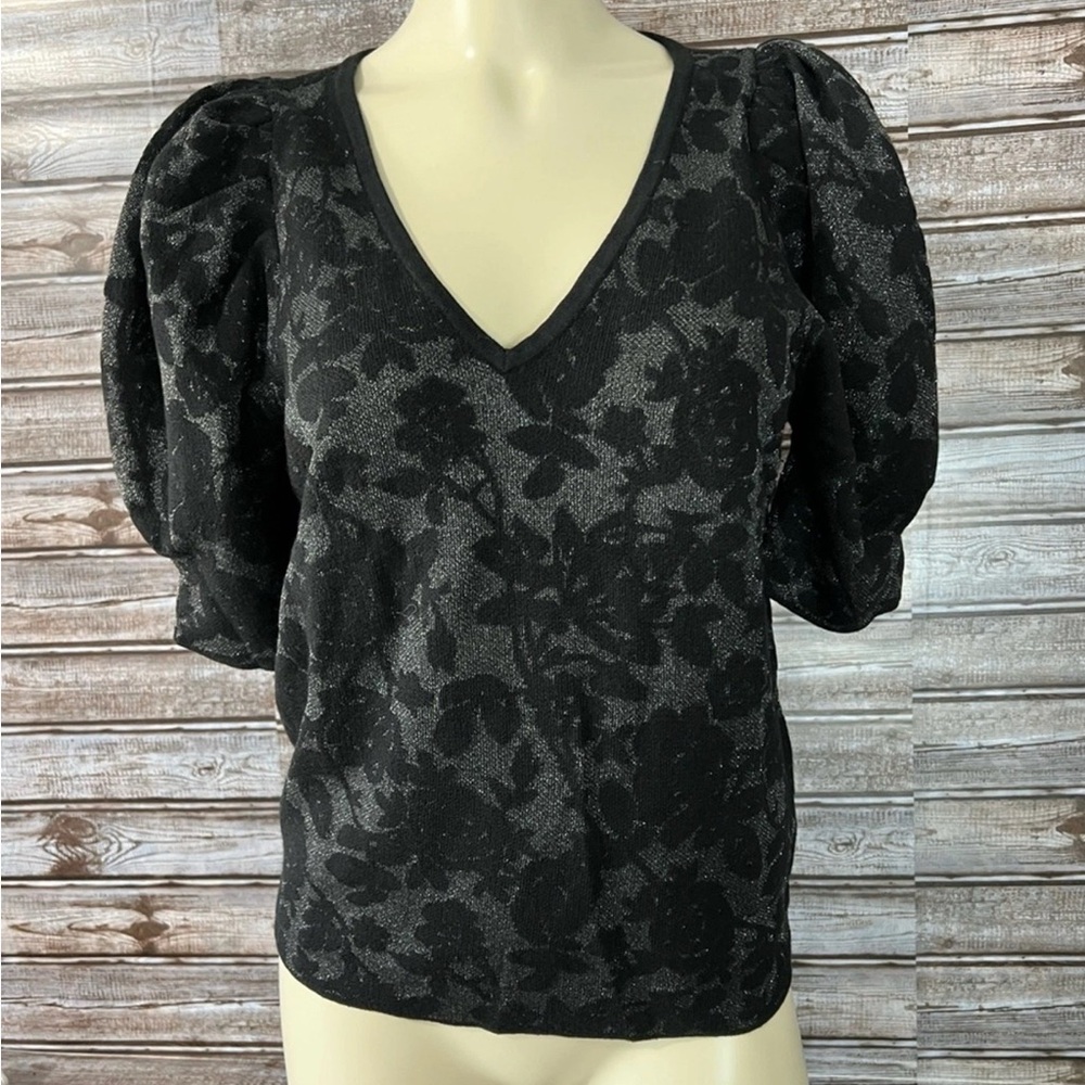 Express Sparkly Black Fitted Puff Sleeve Blouse M